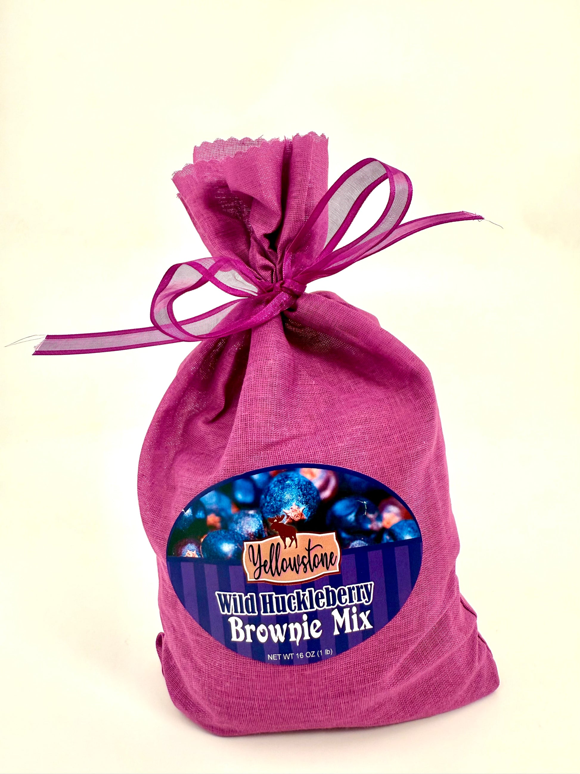 Bag of huckleberry brownie mix tied off with ribbon