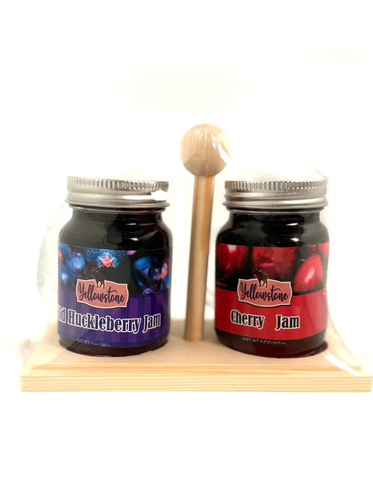 Set of assorted 5oz huckleberry and 5oz cherry jam in gift box