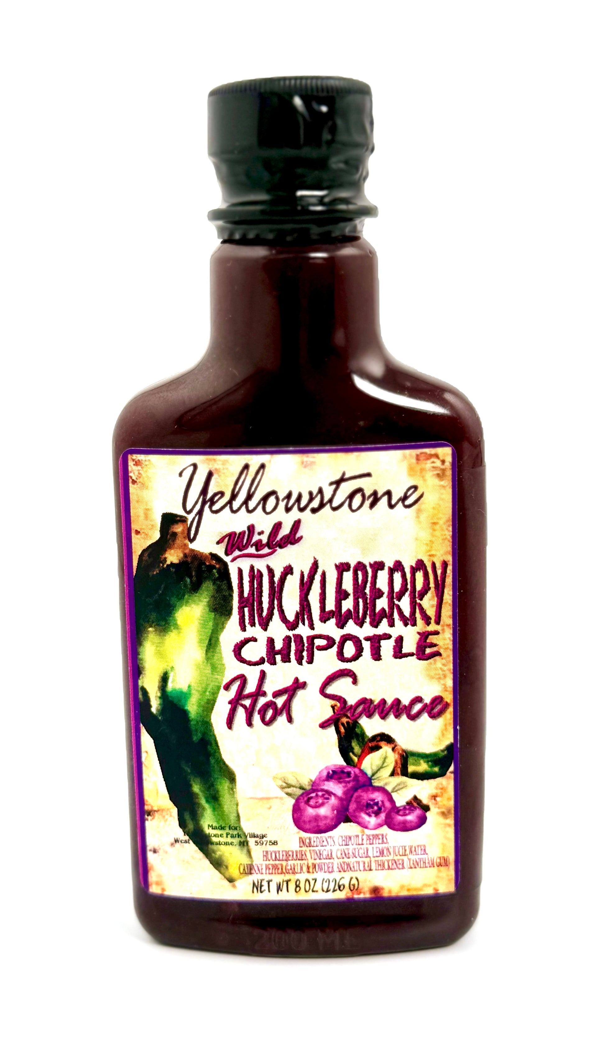 Bottle of sweet spicy huckleberry chipotle hot sauce