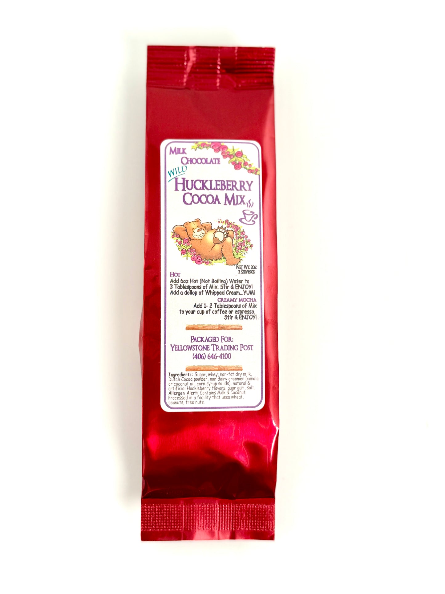 Red pouch of huckleberry cocoa mix