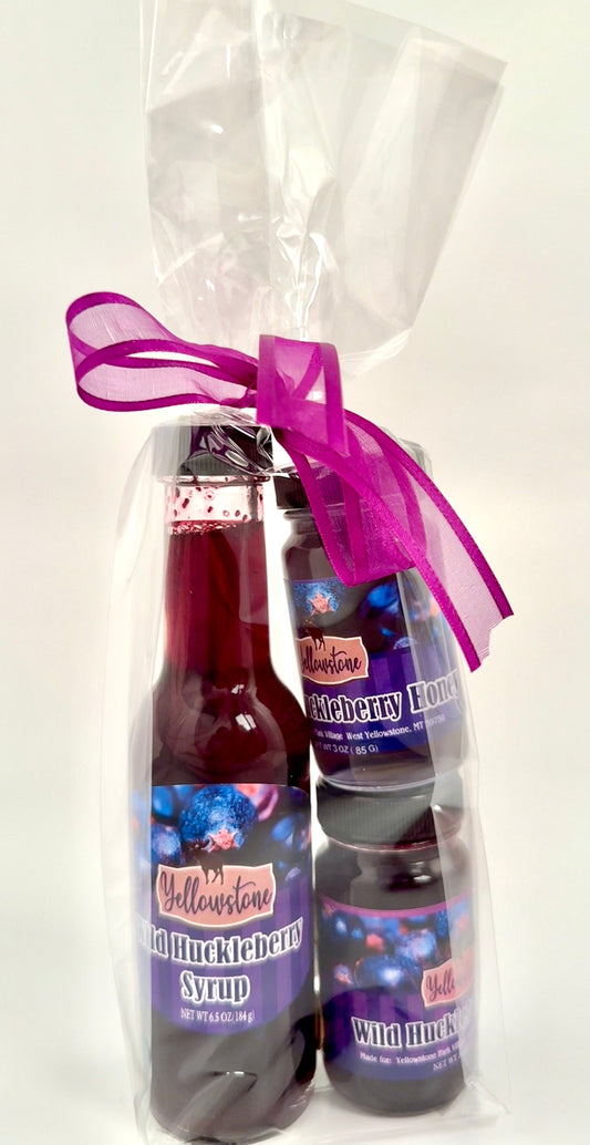 Gift pack with huckleberry jam, honey, and syrup in assorted sizes