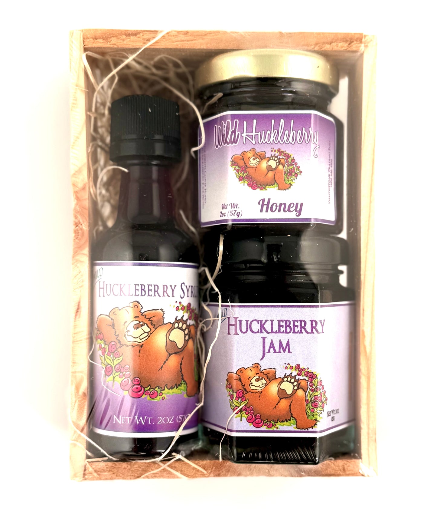 Gift set of huckleberry jam, honey, and syrup in small jars/bottles