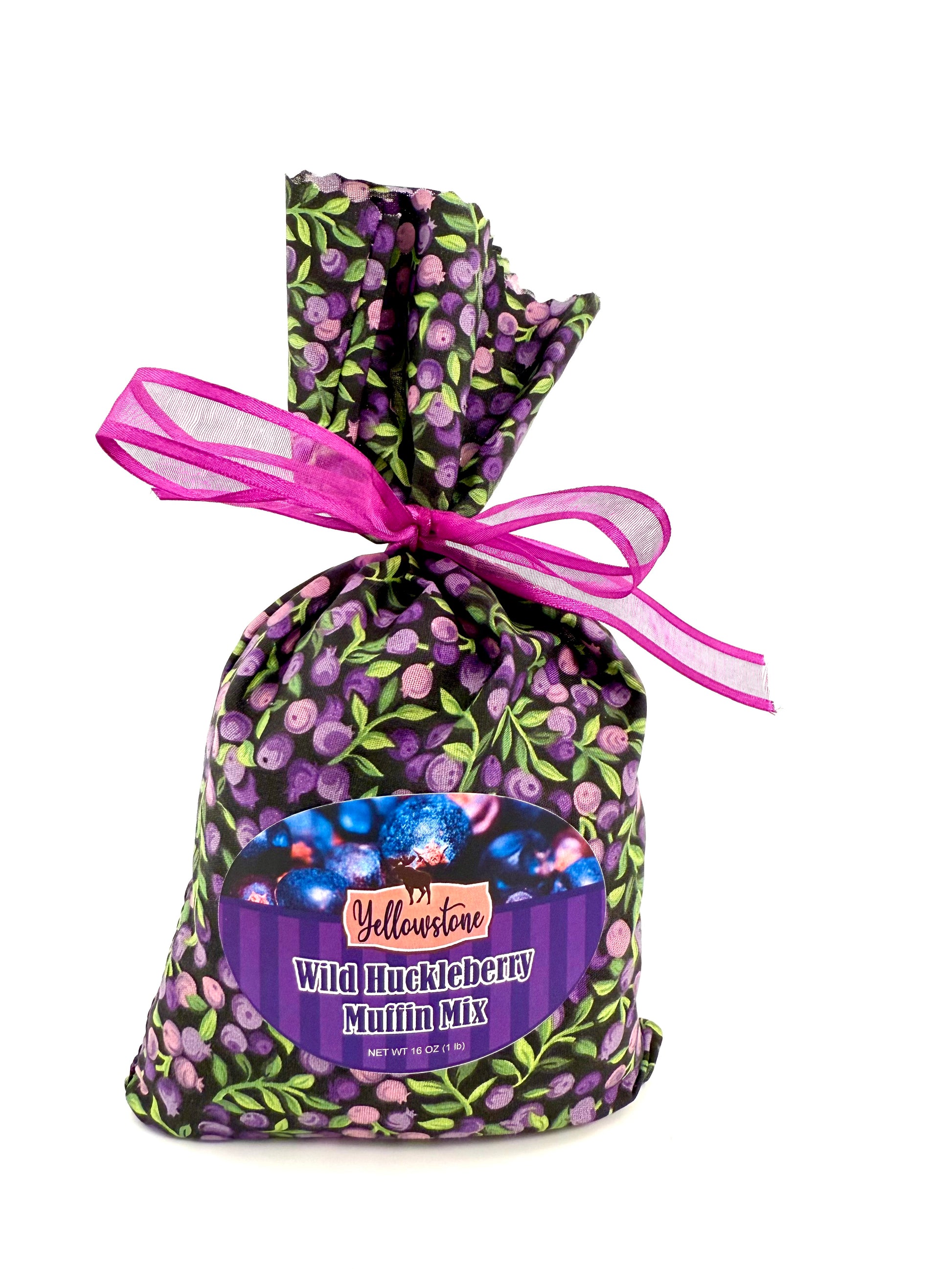 Bag of huckleberry muffin mix with purple berry pieces
