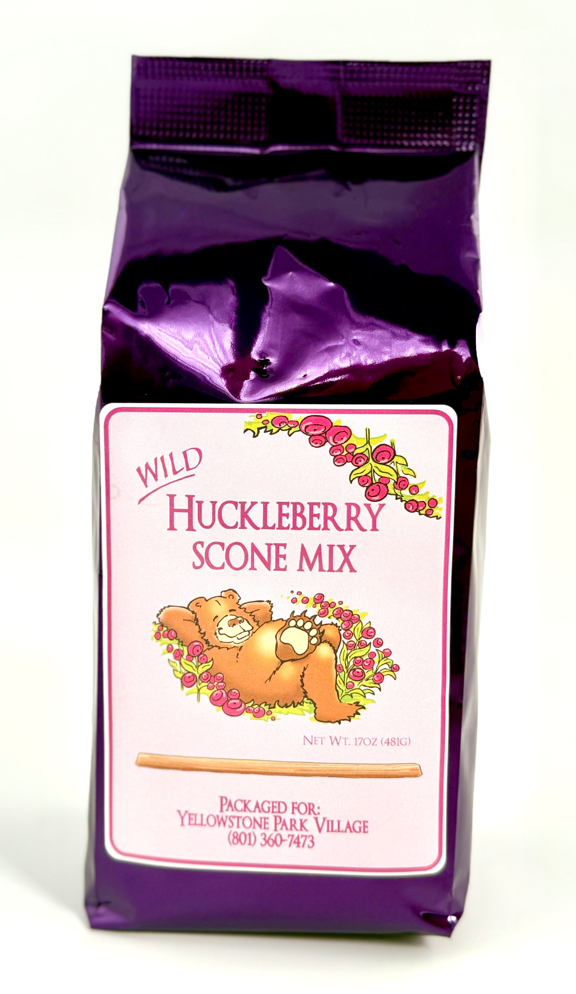 Huckleberry scone mix with jam jar in center, packaged