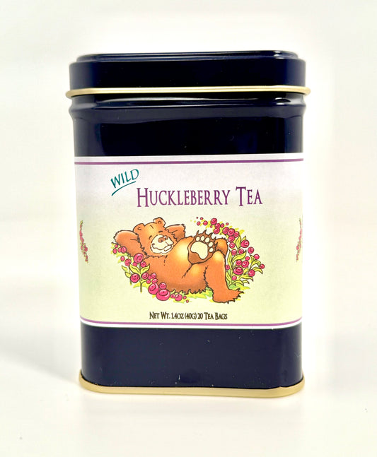 Tin of wild huckleberry tea pouches 