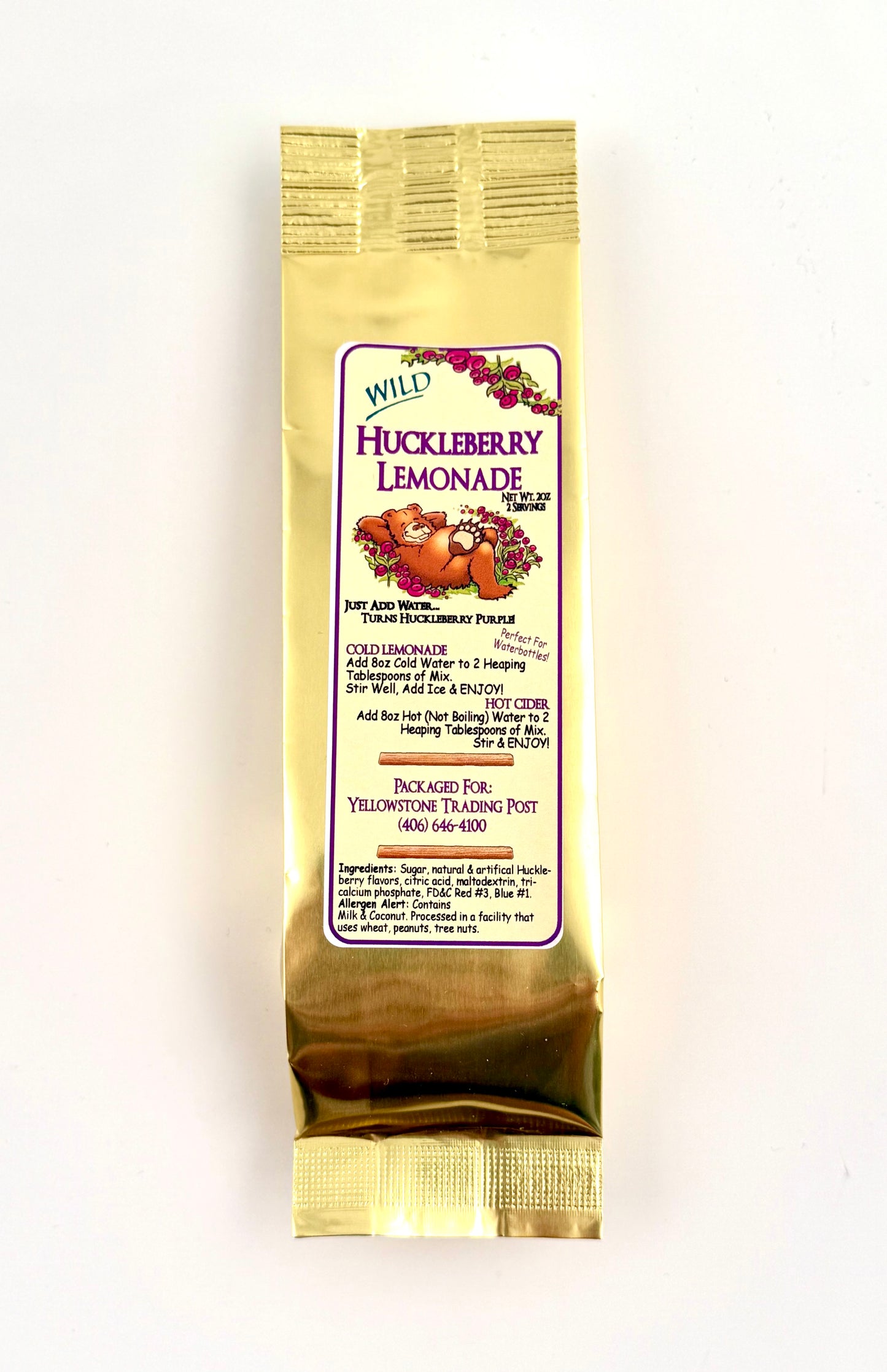 Pouch of huckleberry lemonade with light purple hue