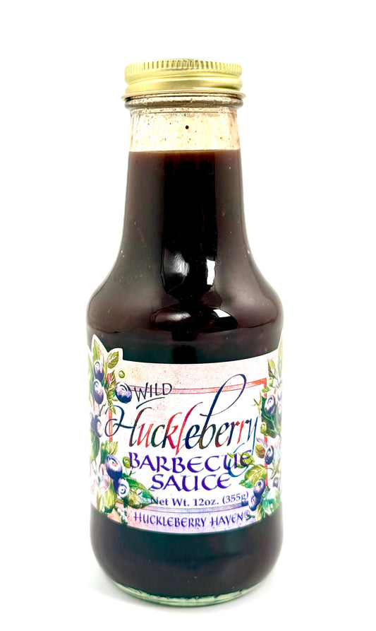 Bottle of huckleberry barbecue sauce with smoky berry flavor