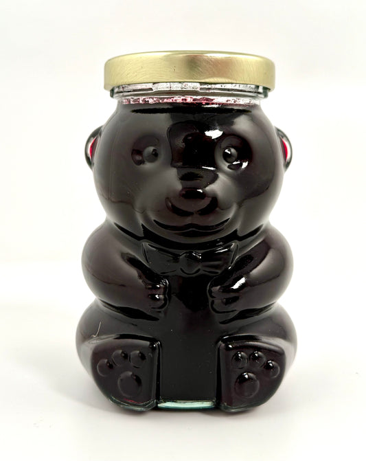 Huckleberry jam featuring bear-themed jar