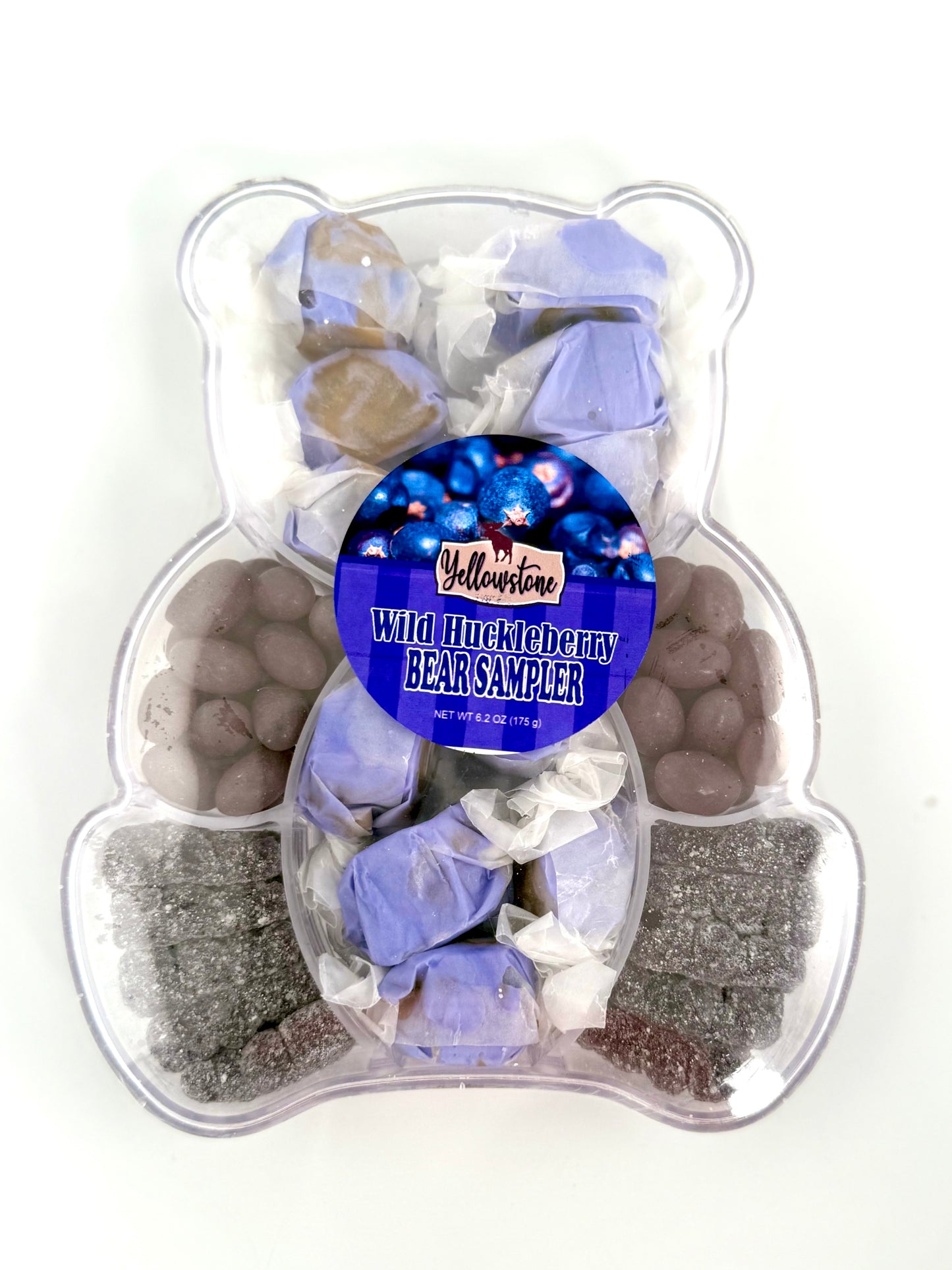 Gift sampler box with huckleberry treats in bear themed case