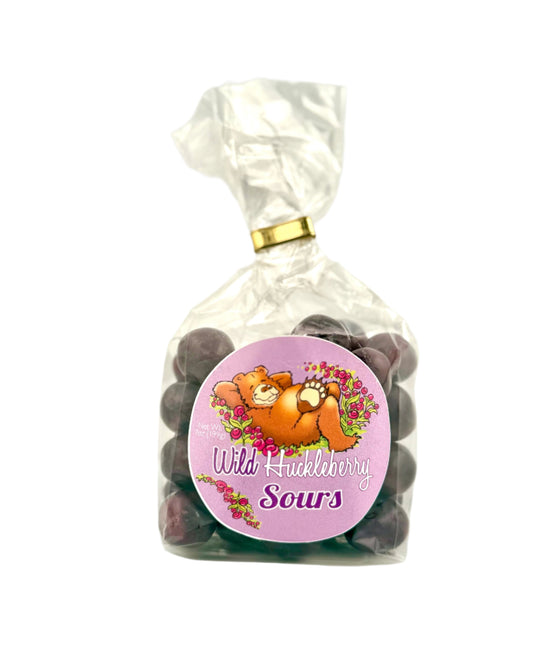 Clear bag of huckleberry-flavored sour candies