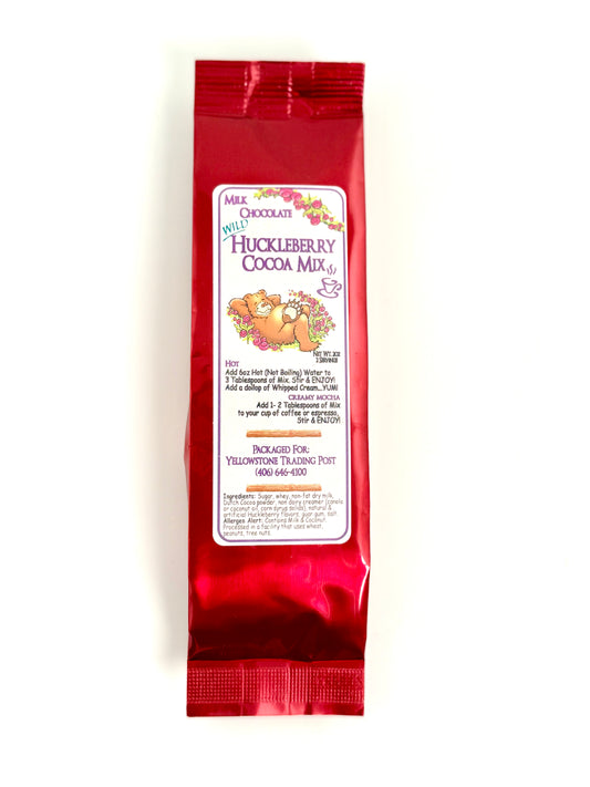 Red pouch of huckleberry cocoa mix