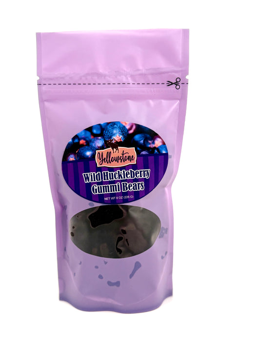 Chewy huckleberry gummy bears in bag