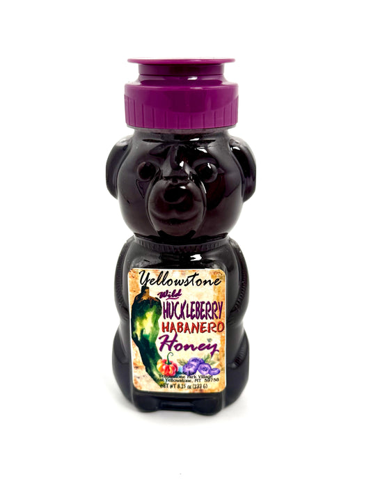 Sweet and spicy huckleberry habanero honey in bear bottle