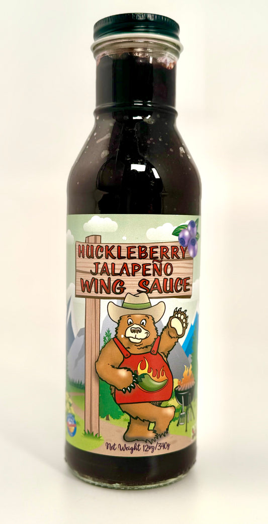 Bottle of spicy huckleberry jalepno wing sauce with vibrant label