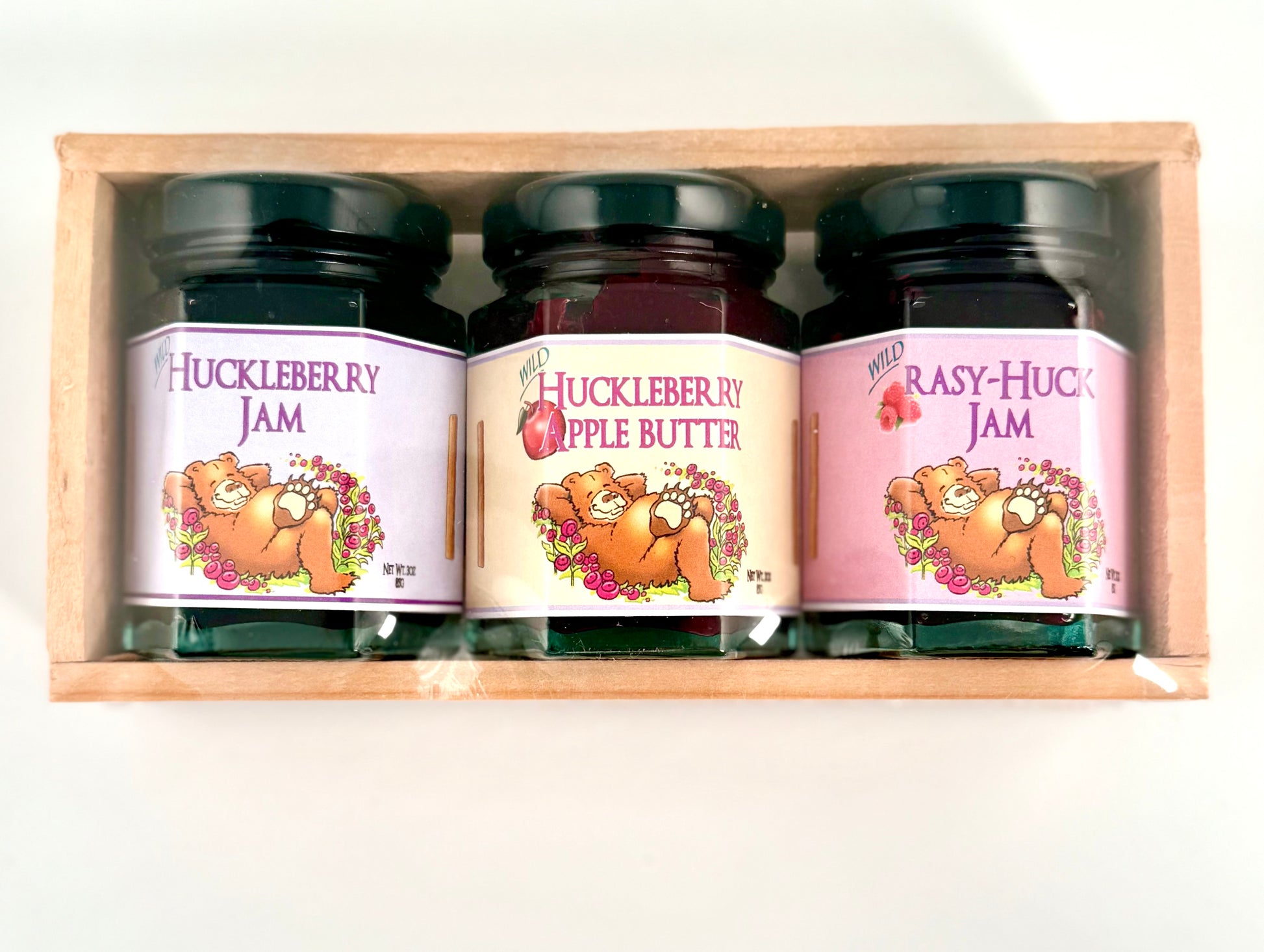Huckleberry gift set with apple butter, rasy-huck jam, and jam