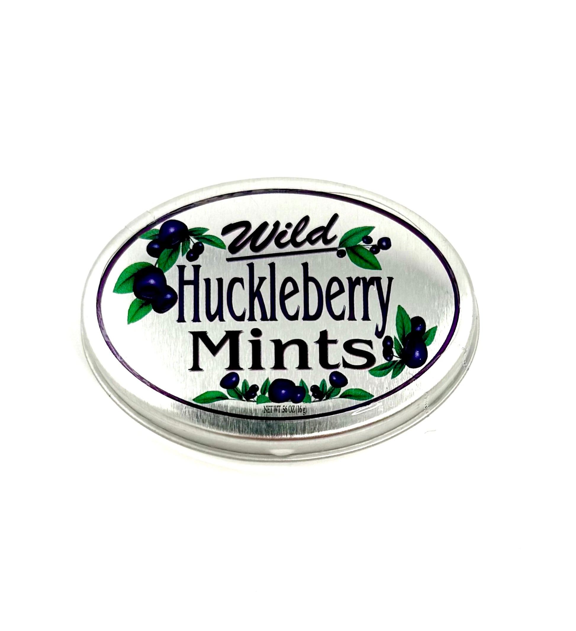 Tin of huckleberry mints, purple candy drops