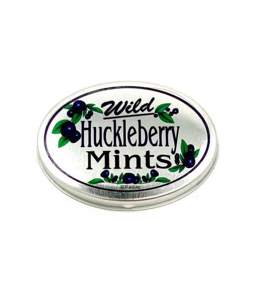 Tin of huckleberry mints, purple candy drops