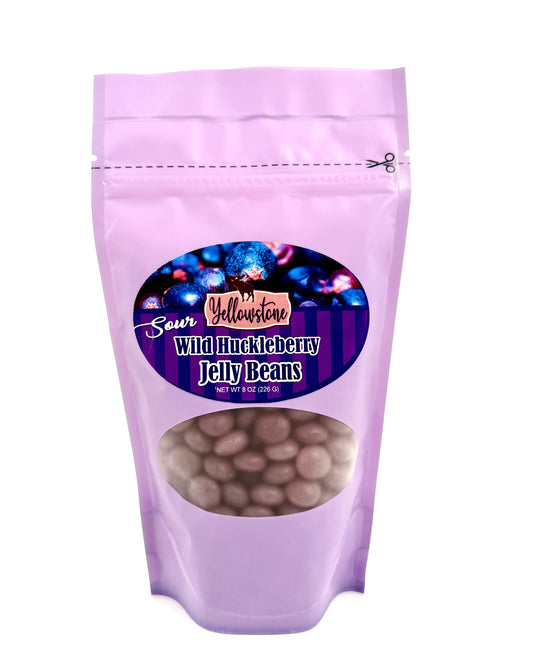 Sour huckleberry jelly beans in clear purple packaging"
