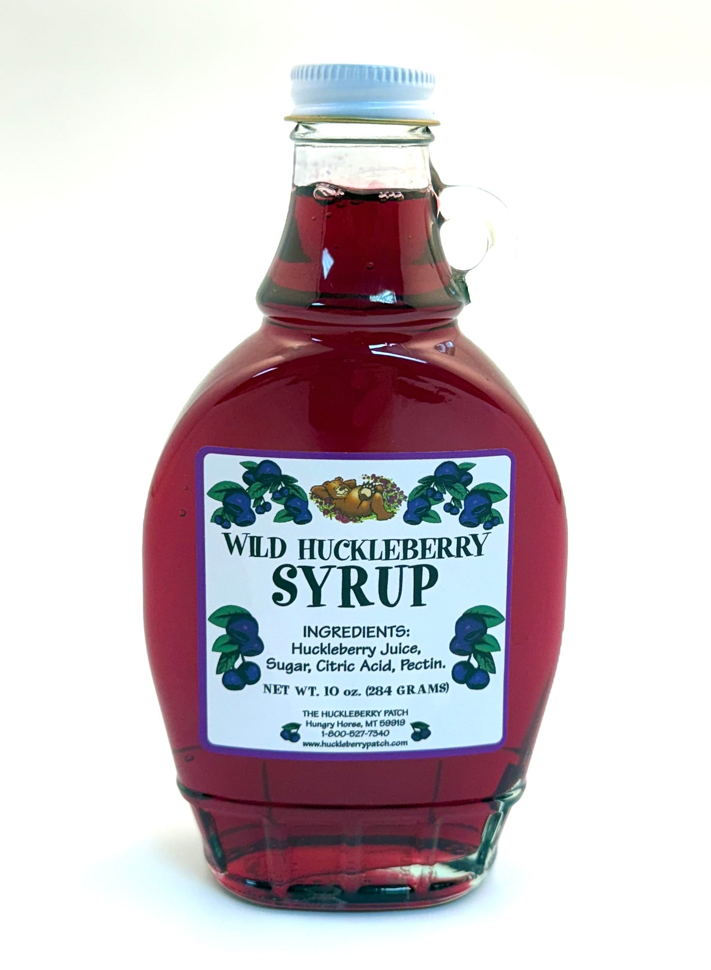 10oz jar of huckleberry syrup with wide-mouth opening and handle for pouring