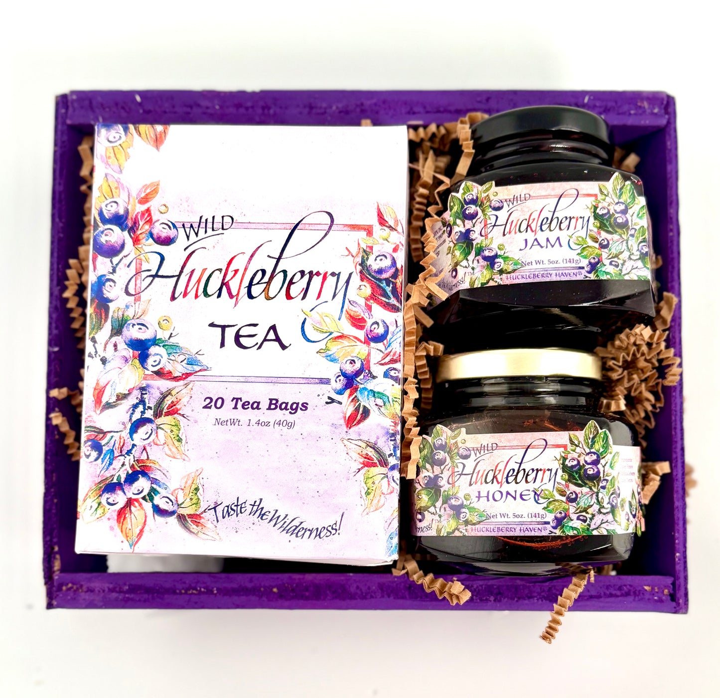 Gift set featuring 20 huckleberry tea bags with one 5oz jam and honey jar