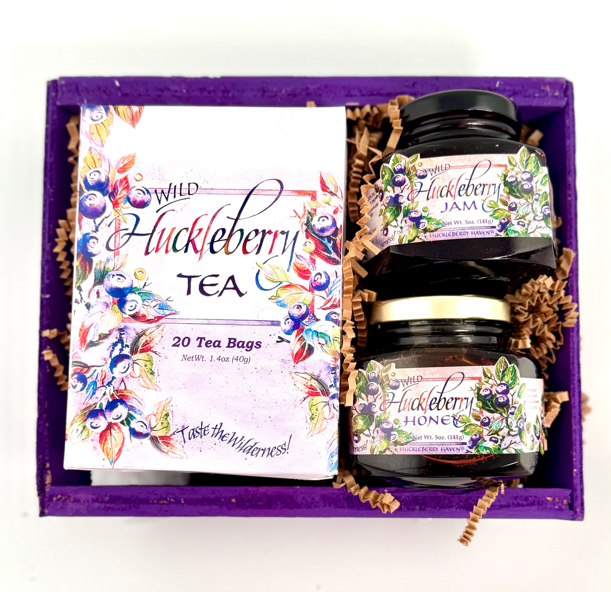Gift set featuring 20 huckleberry tea bags with one 5oz jam and honey jar