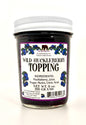 Tall 8oz jar of huckleberry topping, clear glass showing berries