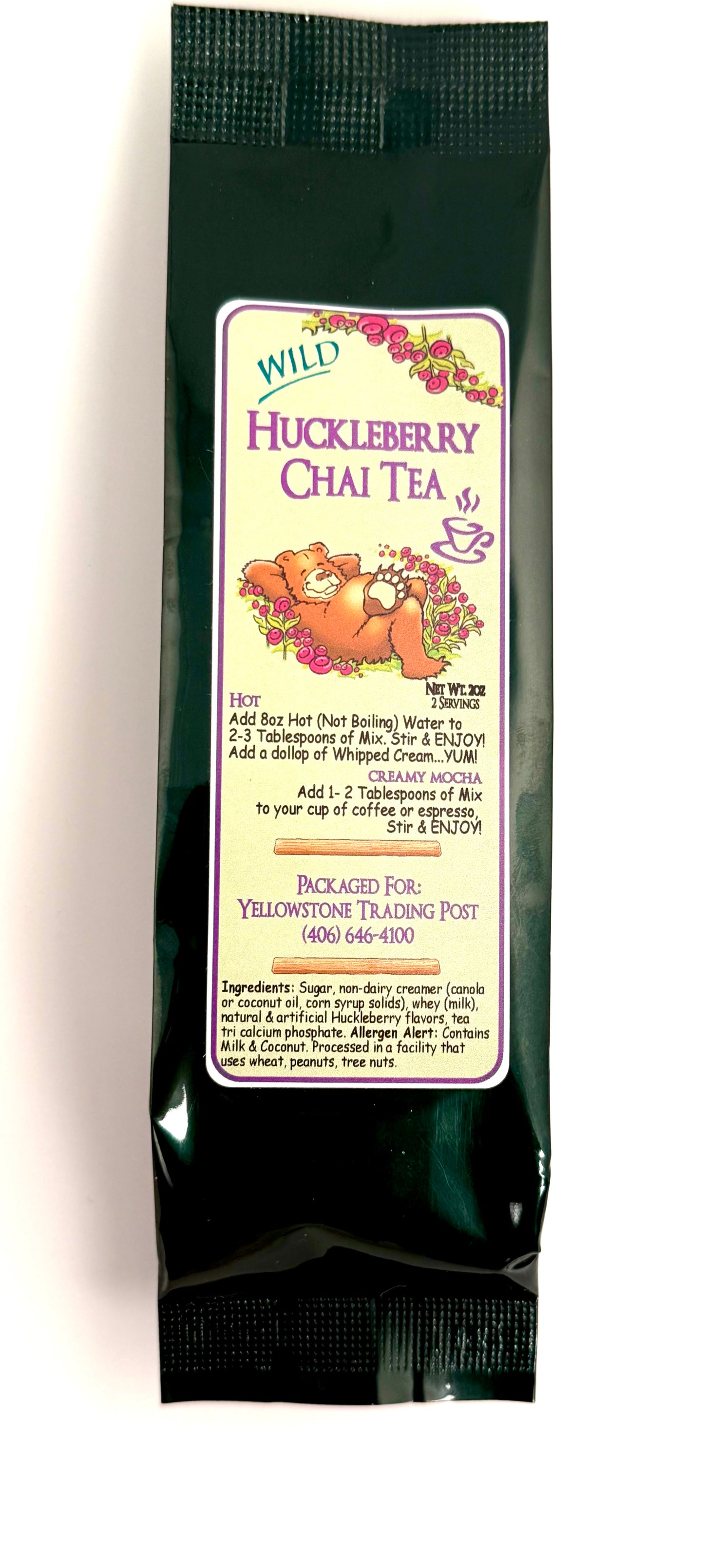 Bag of chai tea mix with hints of mountain huckleberry flavor